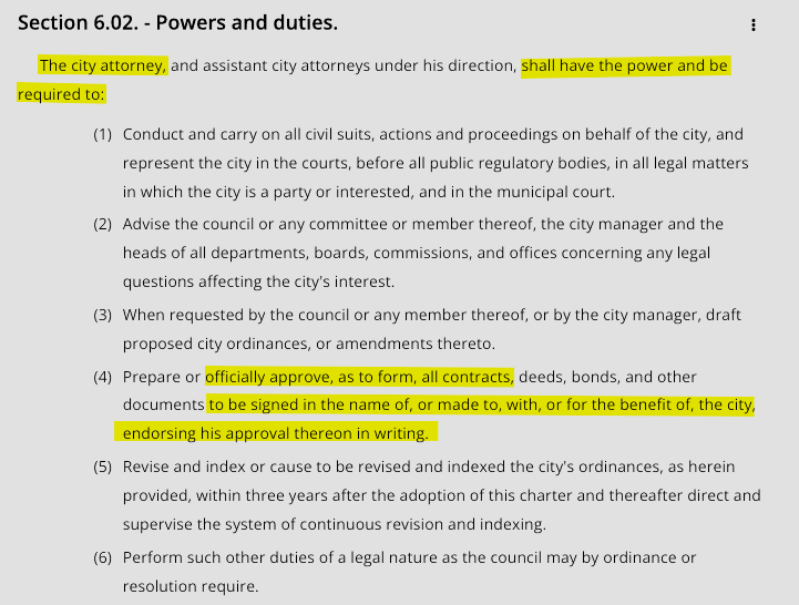 Image of Article VI showing requirement of City Attorney approval marked on the contract for all contracts