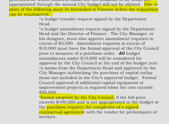 Image of purchasing and procuerment document showing requirement of formal adoption for all contracts signed by the city