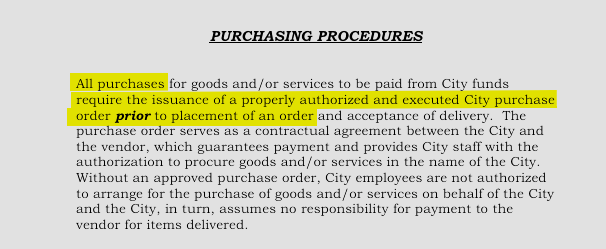 Image of purchasing and procurement document showing PO should be submitted before order placement